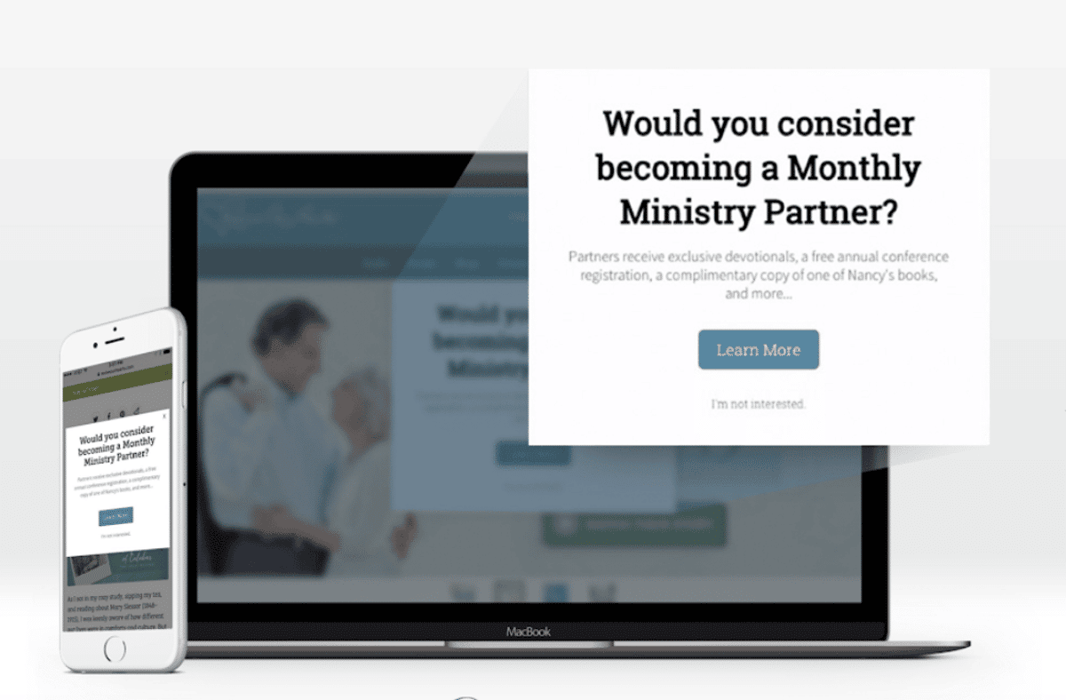 A Journity waypoint on a laptop and phone asking visitors to become a Monthly Ministry Partner